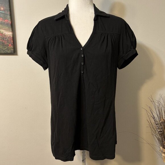 Faded Glory Women Black Polo Shirt Top Short Sleeve V Neck Buttons Size 1X 16W - Picture 1 of 6
